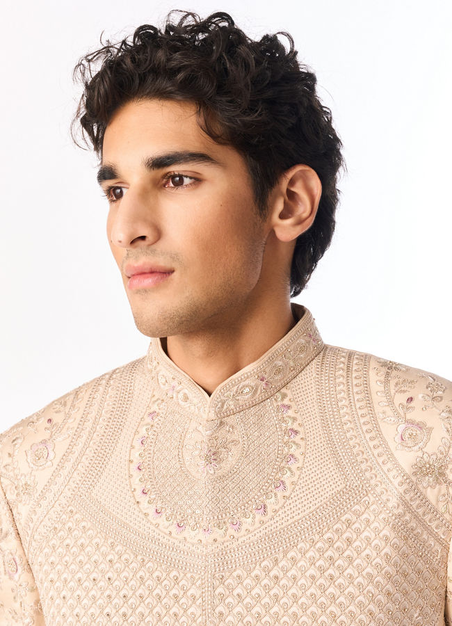 Manyavar Men Beige Art Silk Sherwani with Embroidery