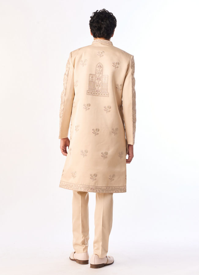 Manyavar Men Beige Art Silk Sherwani with Embroidery