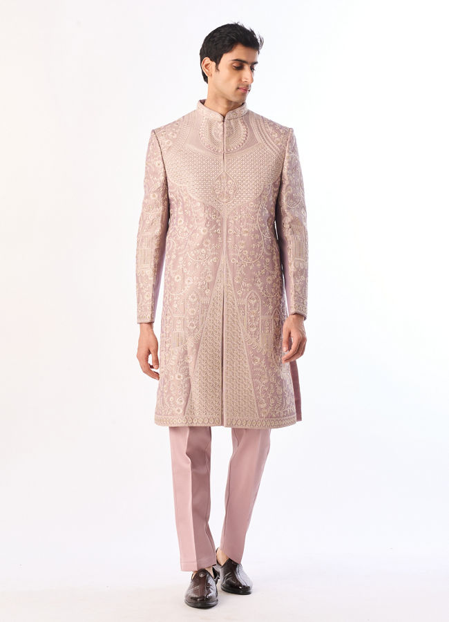 Manyavar Men Lilac Silk Sherwani with Embroidery