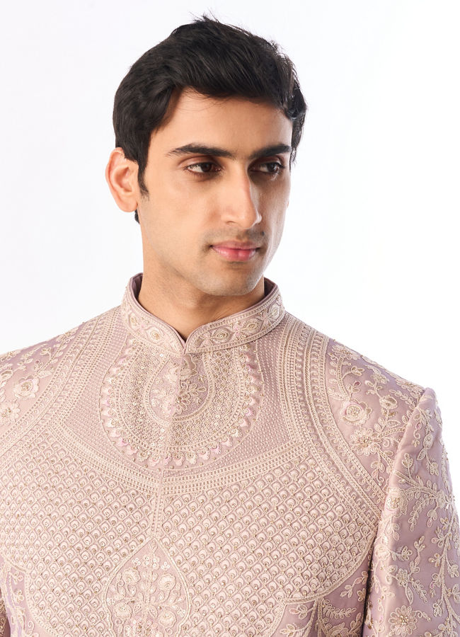Manyavar Men Lilac Silk Sherwani with Embroidery