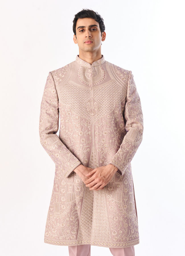 Manyavar Men Lilac Silk Sherwani with Embroidery