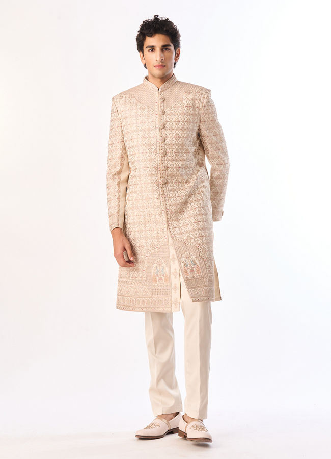 Manyavar Men Beige Art Silk Sherwani with Embroidery