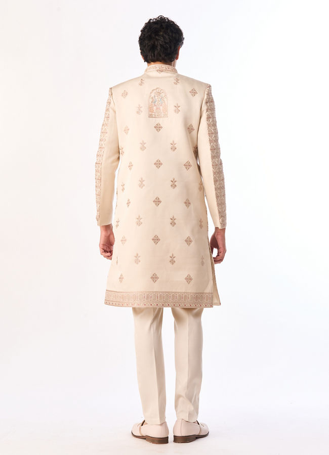 Manyavar Men Beige Art Silk Sherwani with Embroidery