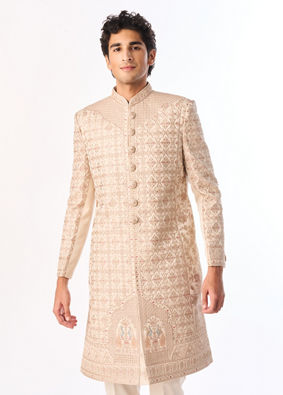 Manyavar Men Beige Art Silk Sherwani with Embroidery