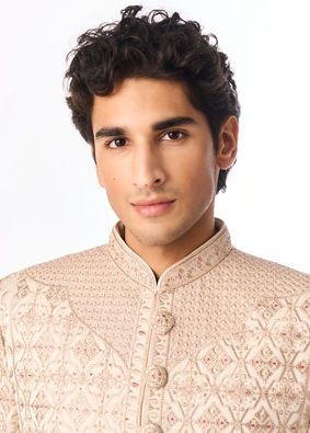 Manyavar Men Beige Art Silk Sherwani with Embroidery