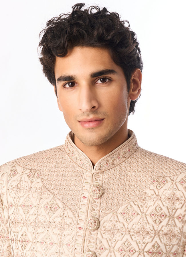 Manyavar Men Beige Art Silk Sherwani with Embroidery