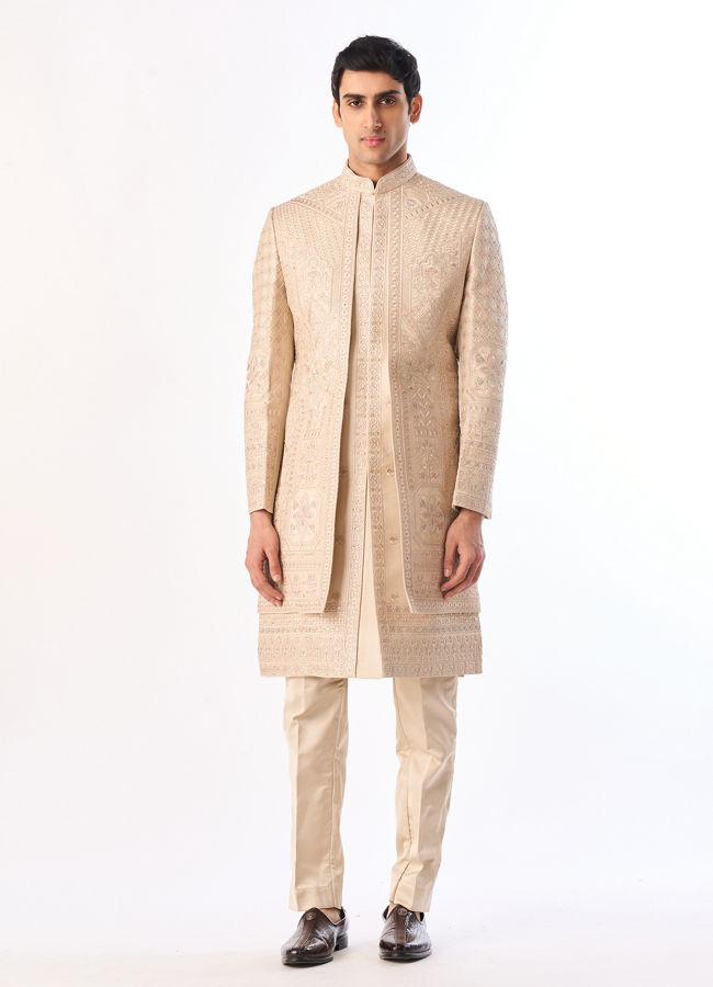 Manyavar Men Beige Satin Sherwani with Embroidery