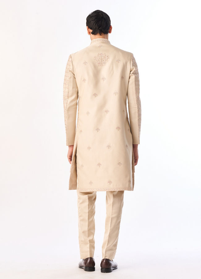 Manyavar Men Beige Satin Sherwani with Embroidery