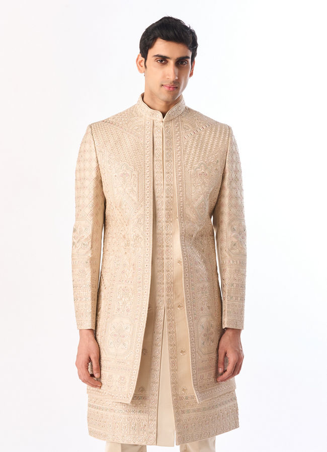 Manyavar Men Beige Satin Sherwani with Embroidery