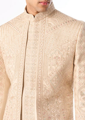 Manyavar Men Beige Satin Sherwani with Embroidery