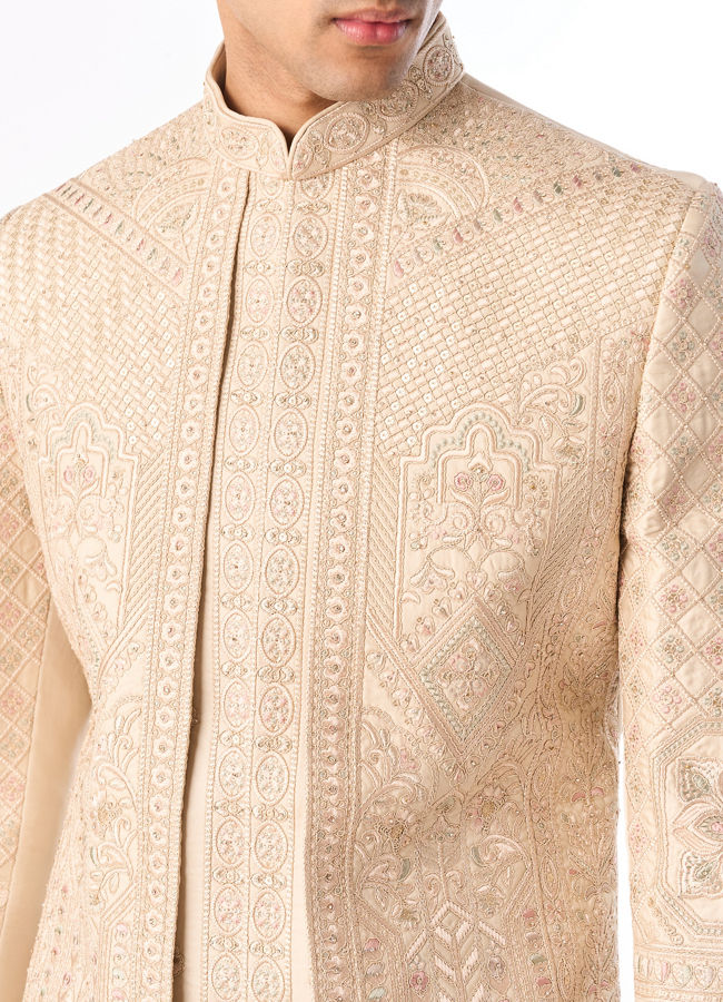 Manyavar Men Beige Satin Sherwani with Embroidery