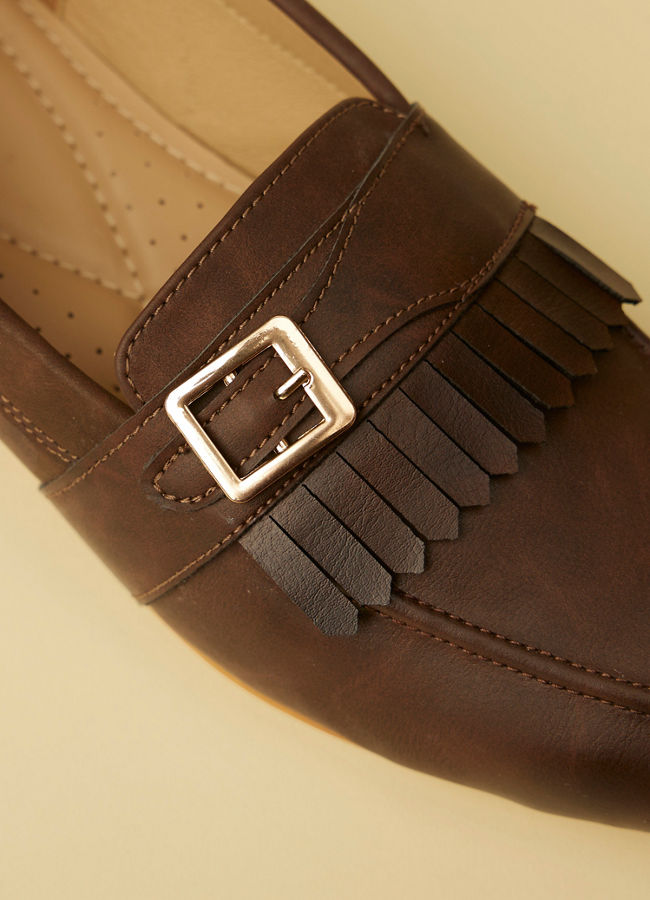 Manyavar Men Deep Brown Buckled Fringed Loafers