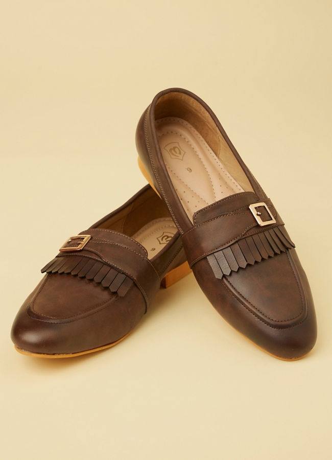 Manyavar Men Deep Brown Buckled Fringed Loafers