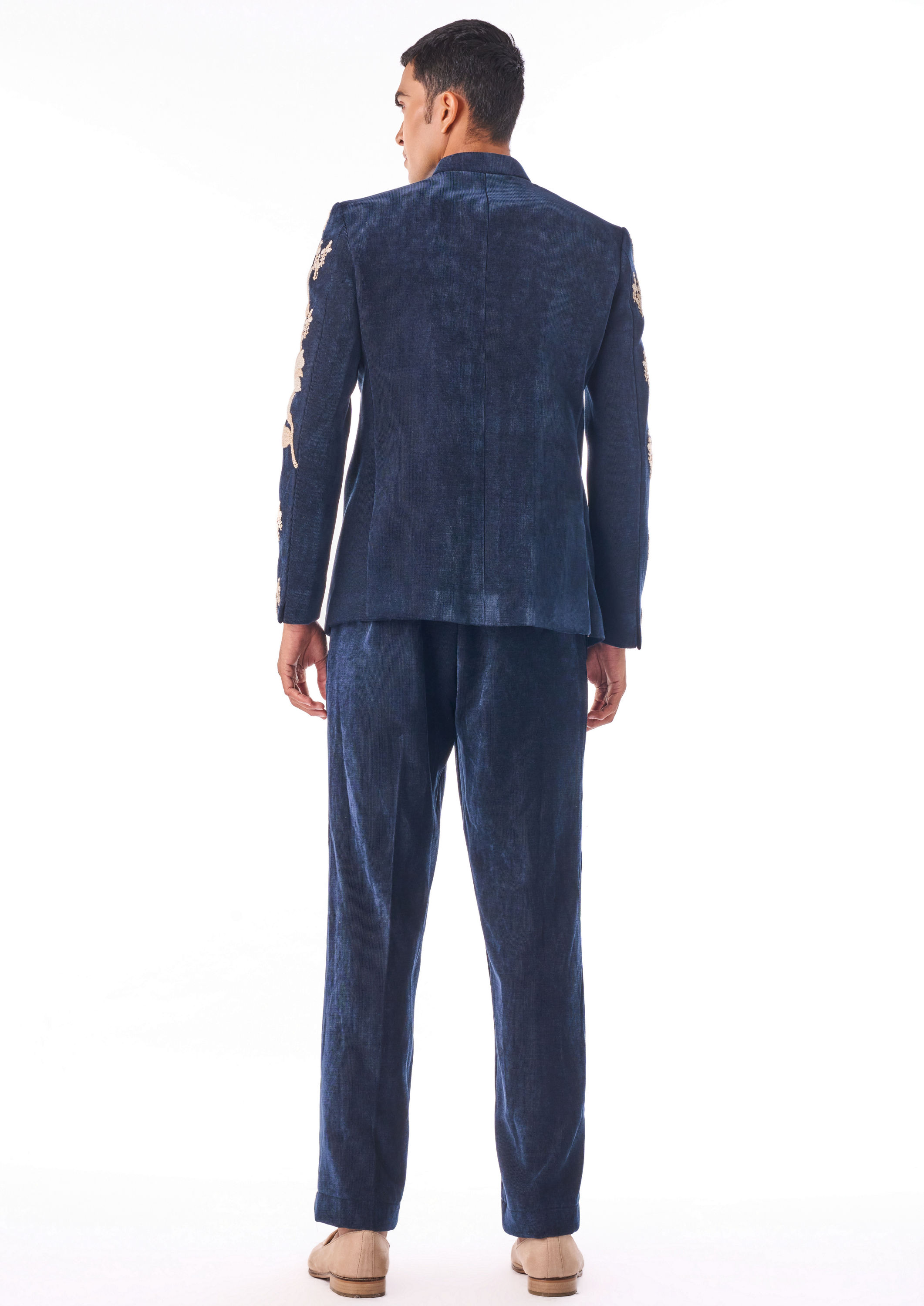 Twamev Men Dark Blue Velvet Indo Western with Embroidery