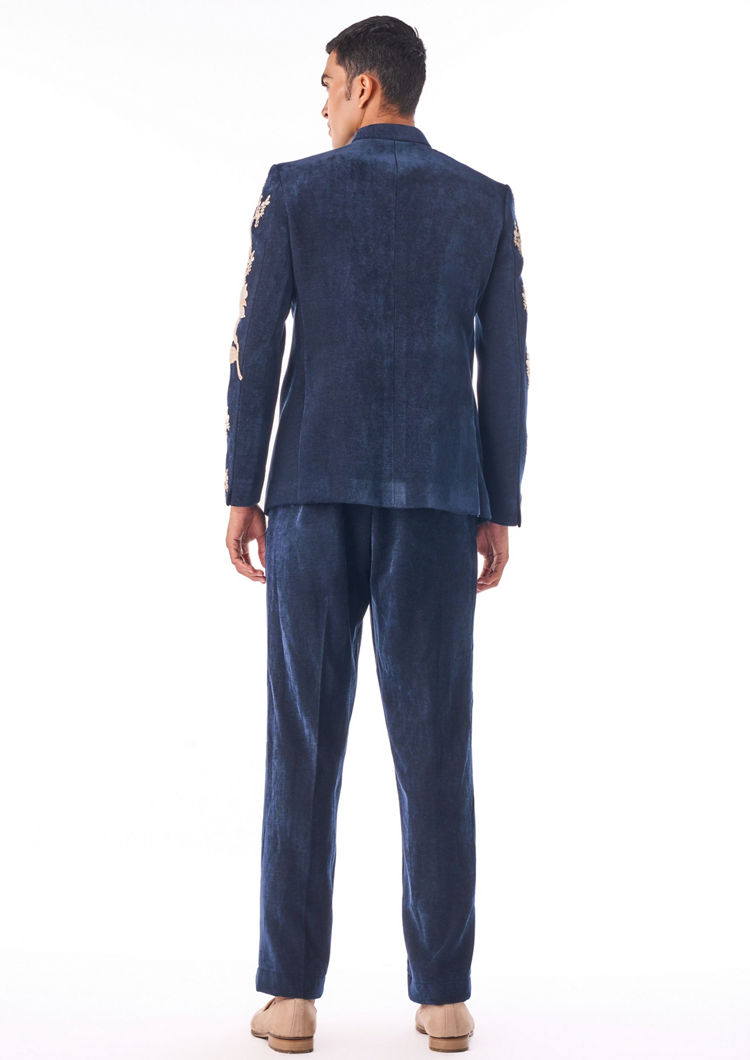 Twamev Men Dark Blue Velvet Indo Western with Embroidery