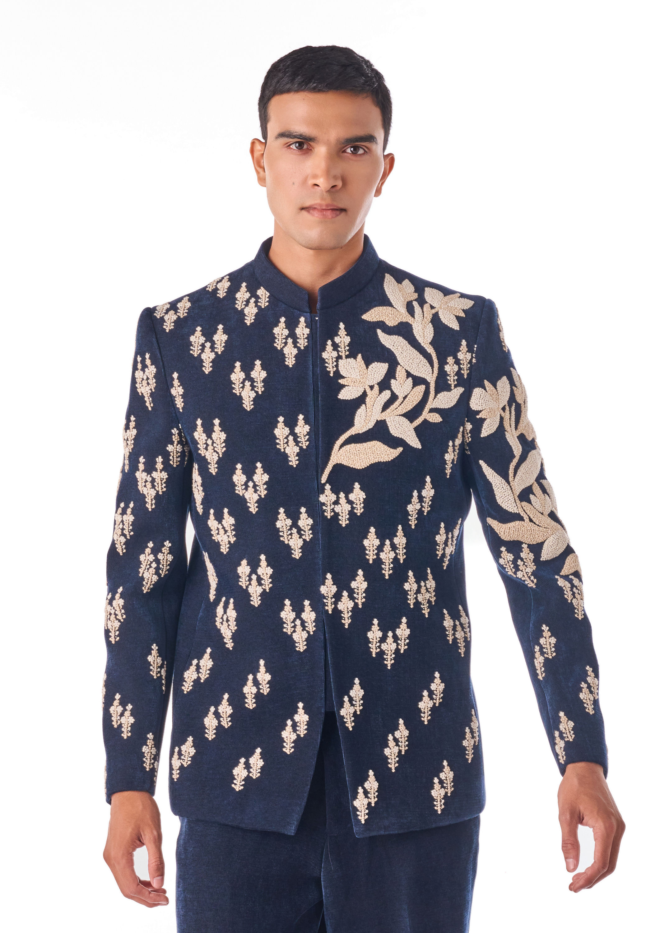 Twamev Men Dark Blue Velvet Indo Western with Embroidery