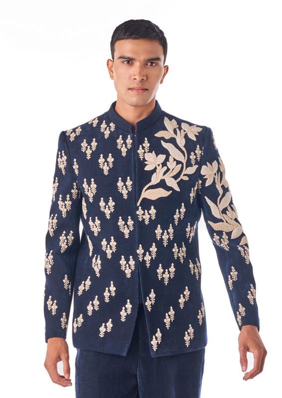 Twamev Men Dark Blue Velvet Indo Western with Embroidery