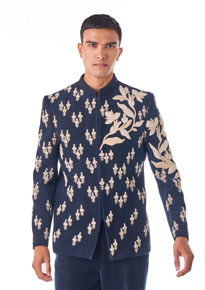 Twamev Men Dark Blue Velvet Indo Western with Embroidery