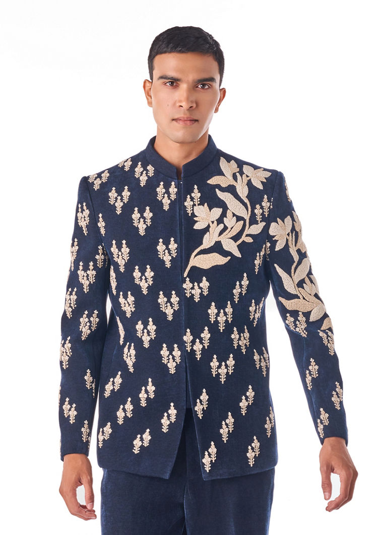 Twamev Men Dark Blue Velvet Indo Western with Embroidery