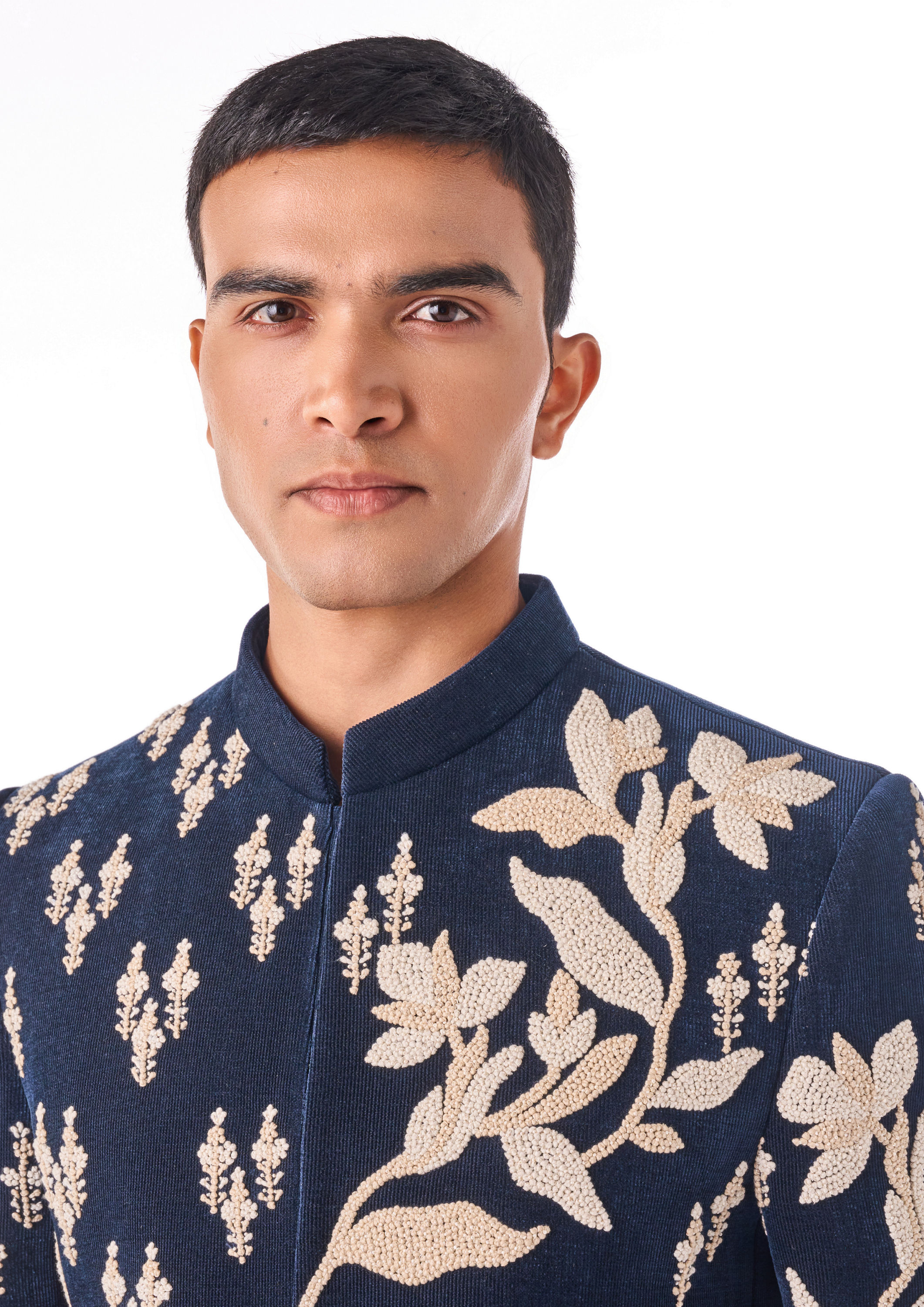 Twamev Men Dark Blue Velvet Indo Western with Embroidery