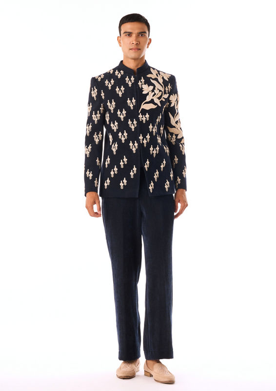 Twamev Men Dark Blue Velvet Indo Western with Embroidery