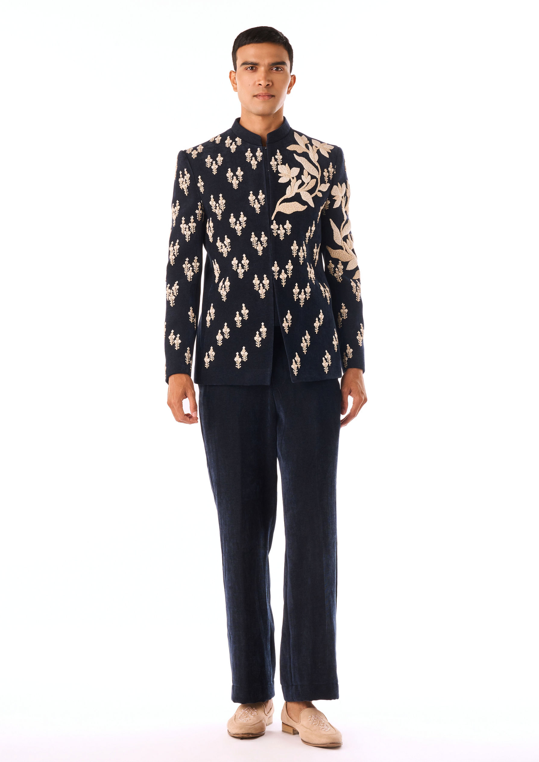 Twamev Men Dark Blue Velvet Indo Western with Embroidery