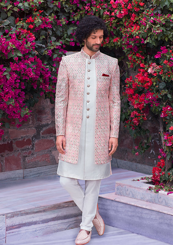 Twamev Men Cream Art Silk Mirror Work Sherwani image number 0