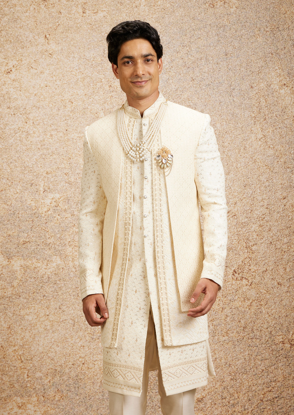 alt message - Twamev Men Cream Basketweave Patterned Achkan Style Sherwani Set image number 0