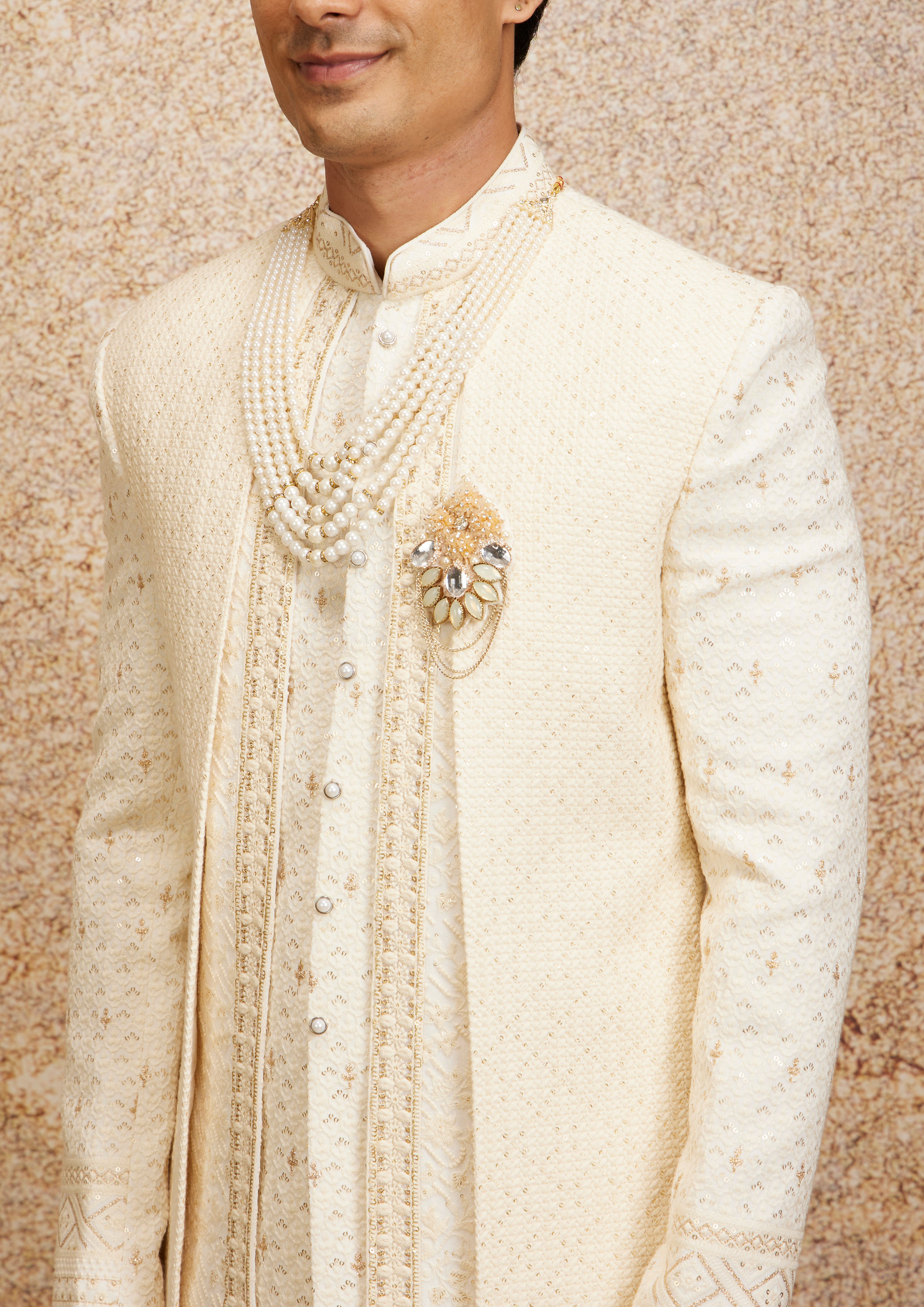 Twamev Men Cream Basketweave Patterned Achkan Style Sherwani Set