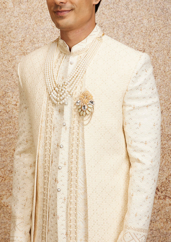 Twamev Men Cream Basketweave Patterned Achkan Style Sherwani Set