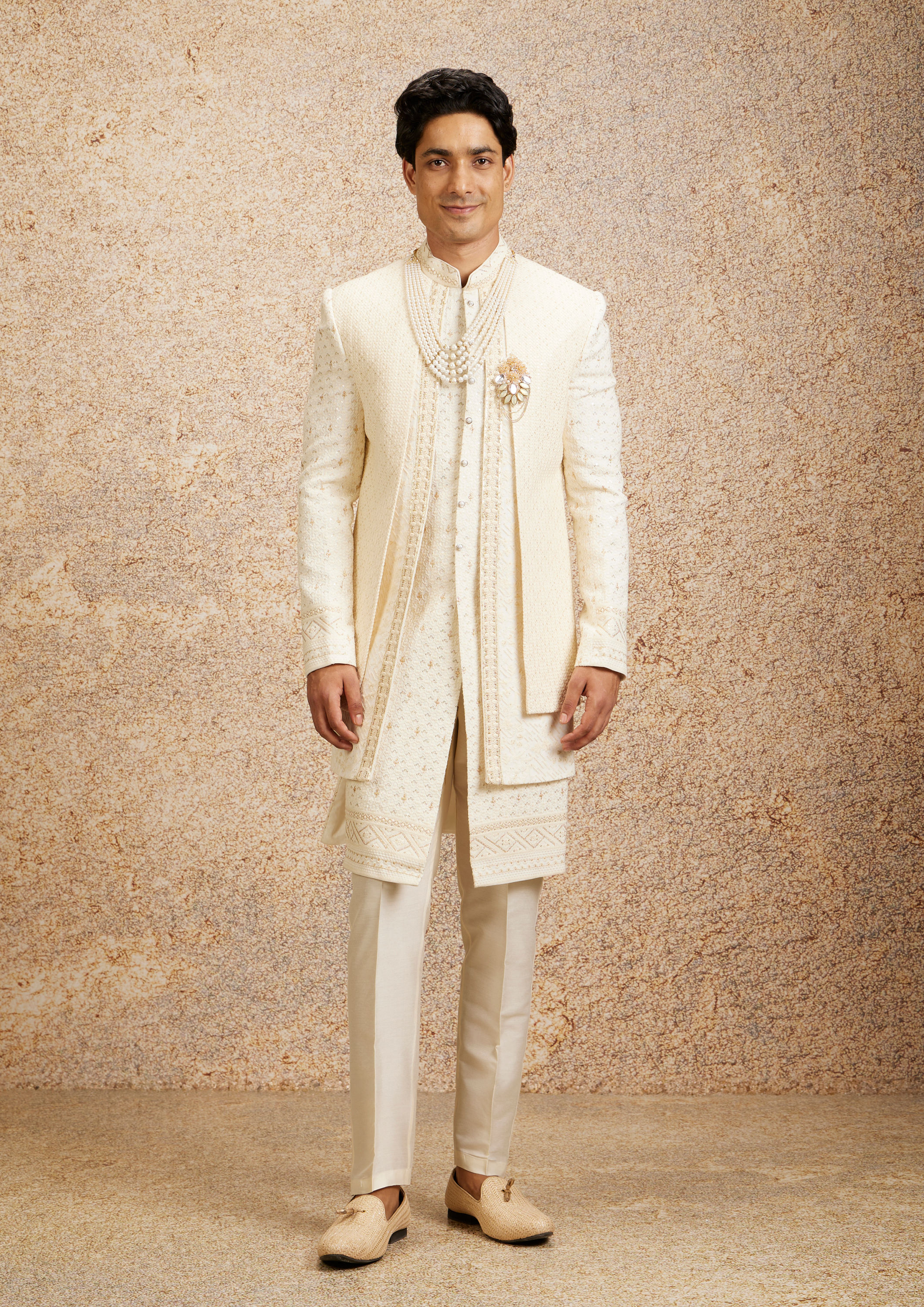 Twamev Men Cream Basketweave Patterned Achkan Style Sherwani Set