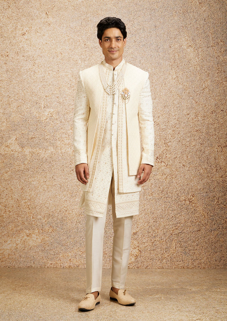 Twamev Men Cream Basketweave Patterned Achkan Style Sherwani Set