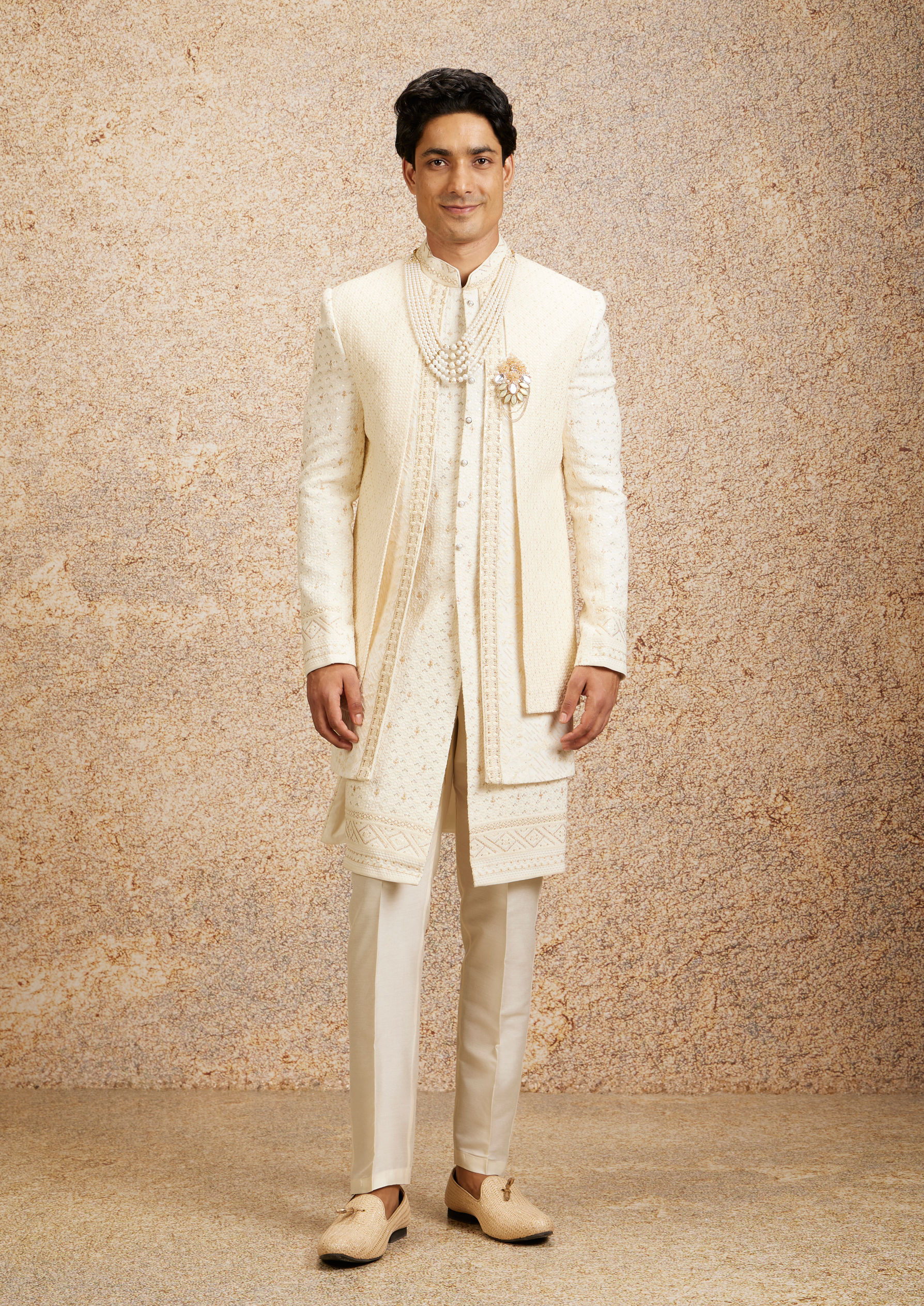 Twamev Men Cream Basketweave Patterned Achkan Style Sherwani Set