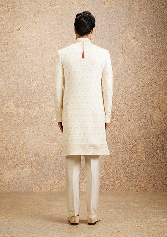 alt message - Twamev Men Cream Basketweave Patterned Achkan Style Sherwani Set image number 3