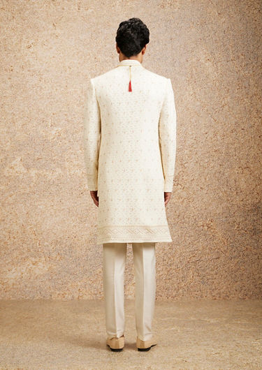 alt message - Twamev Men Cream Basketweave Patterned Achkan Style Sherwani Set image number 3