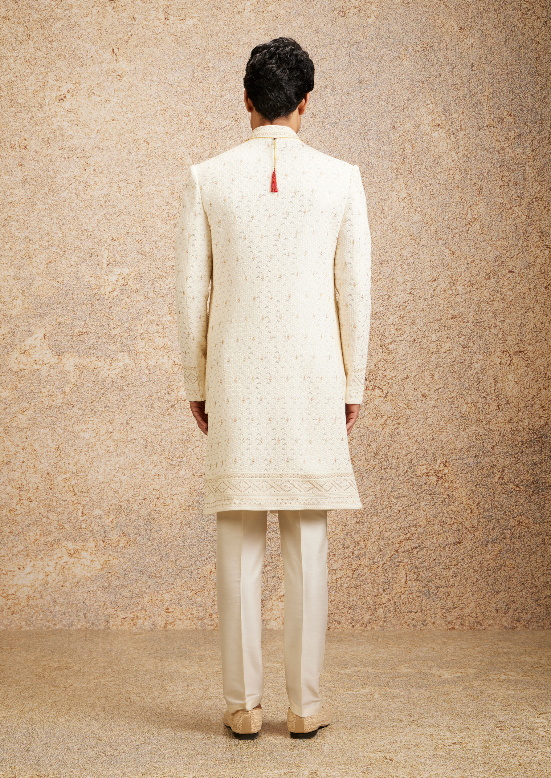 Twamev Men Cream Basketweave Patterned Achkan Style Sherwani Set