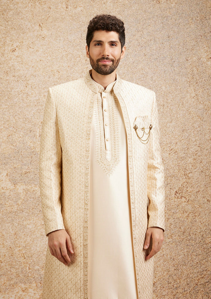 Twamev Men Beige Grandeur Sherwani Set