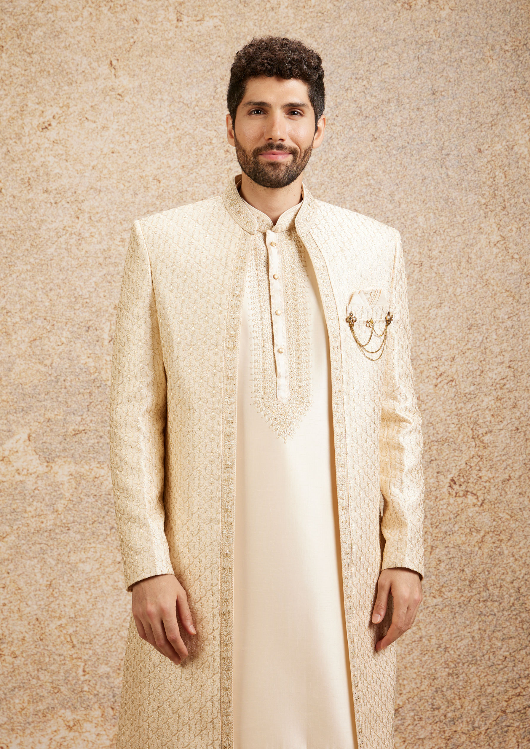 Twamev Men Beige Grandeur Sherwani Set image number 0