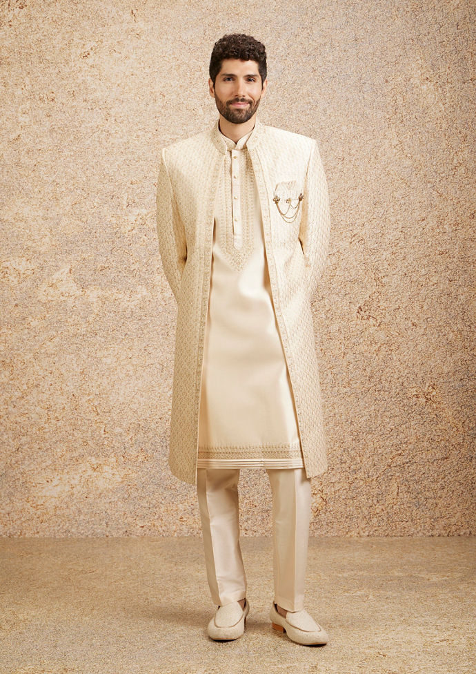 Twamev Men Beige Grandeur Sherwani Set