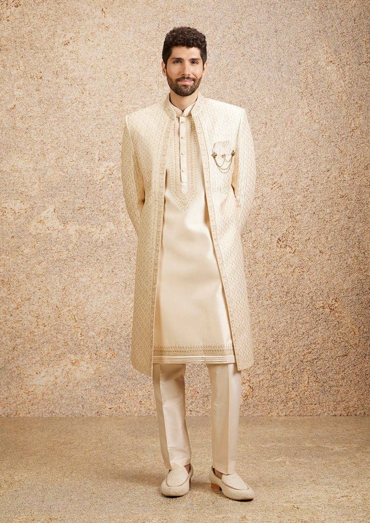 Twamev Men Beige Grandeur Sherwani Set image number 2