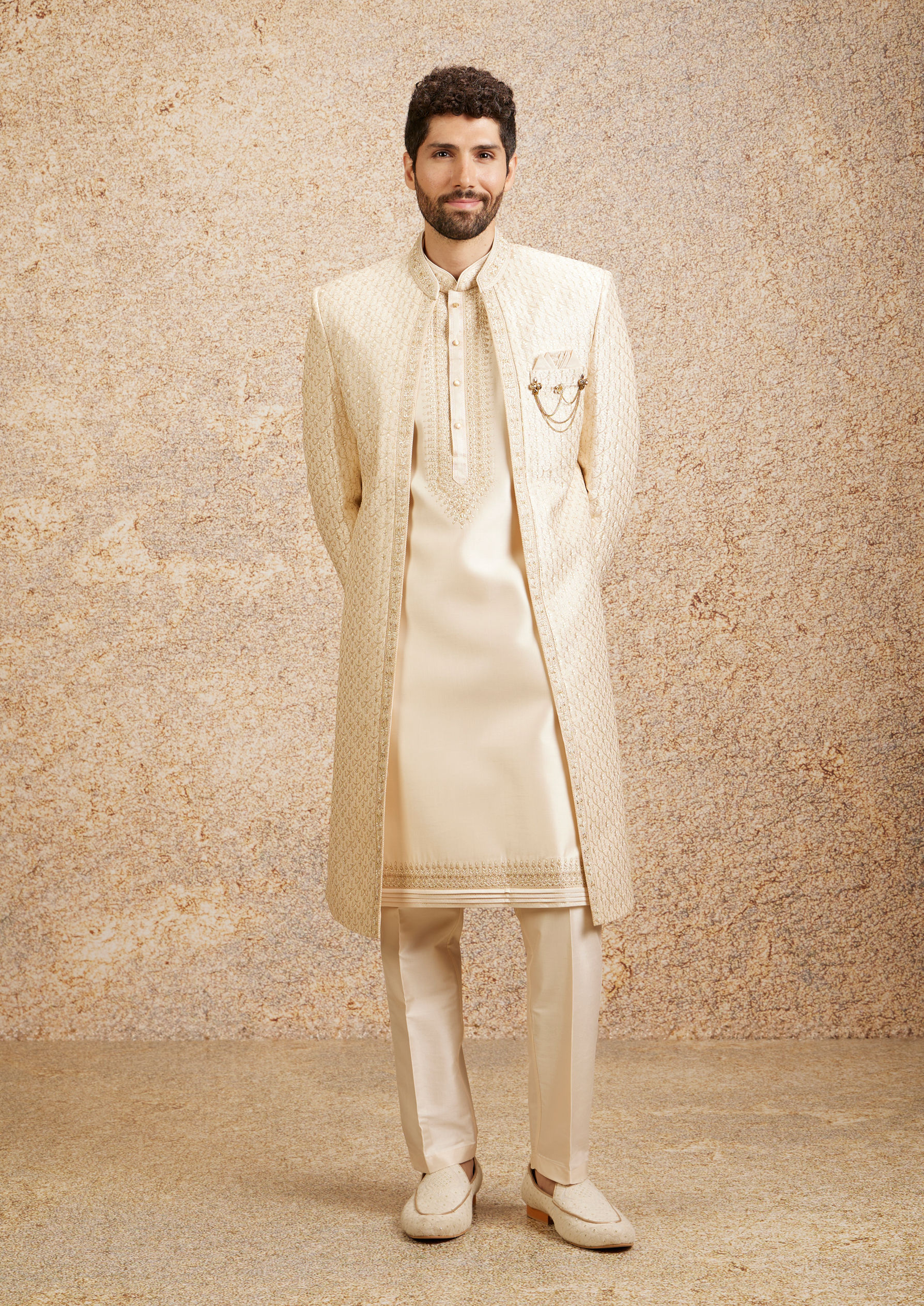 Twamev Men Beige Grandeur Sherwani Set