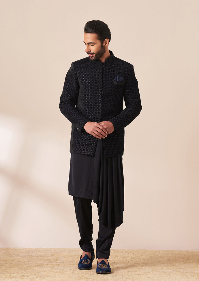 Twamev Men Navy Blue Sequins Embroidered Indo Western