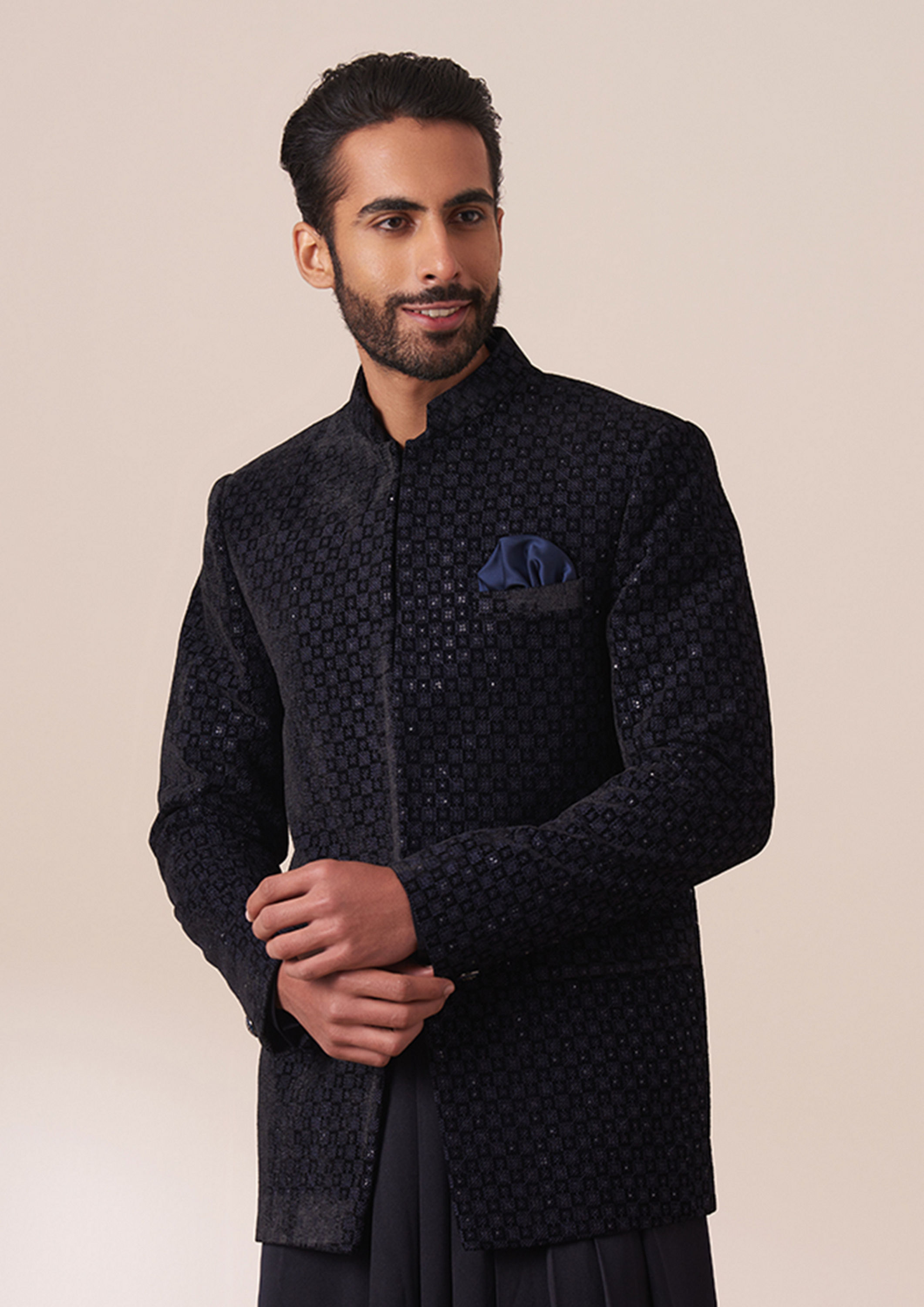 Twamev Men Navy Blue Sequins Embroidered Indo Western
