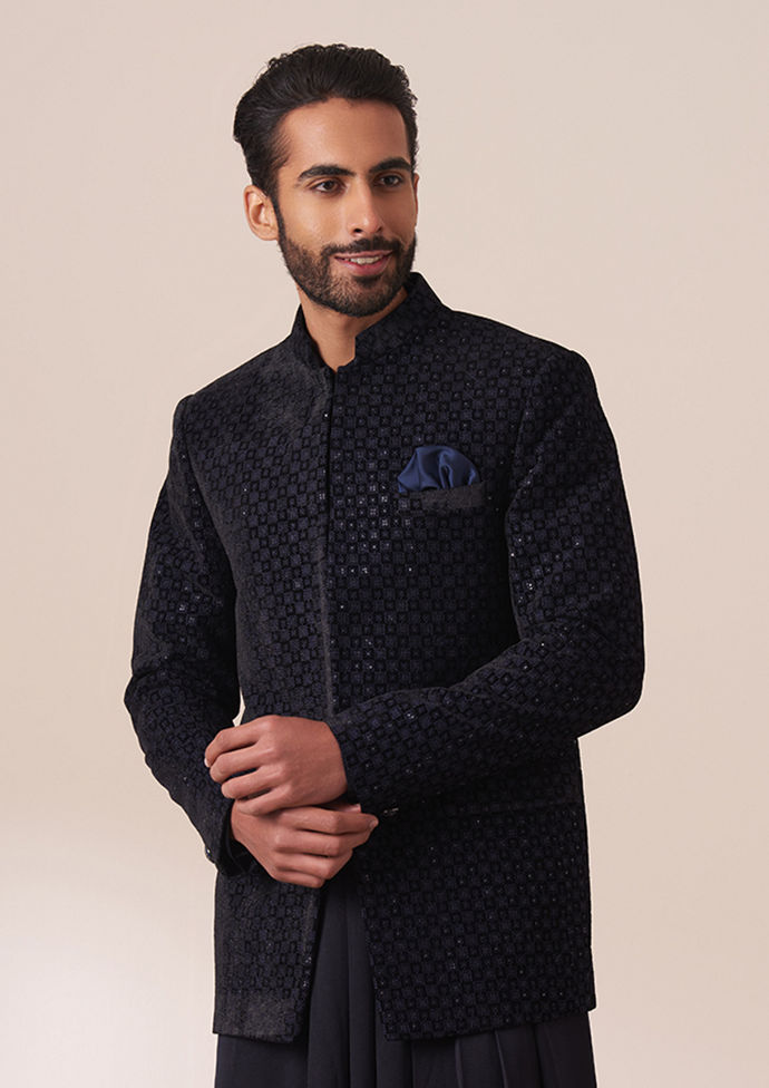 Twamev Men Navy Blue Sequins Embroidered Indo Western