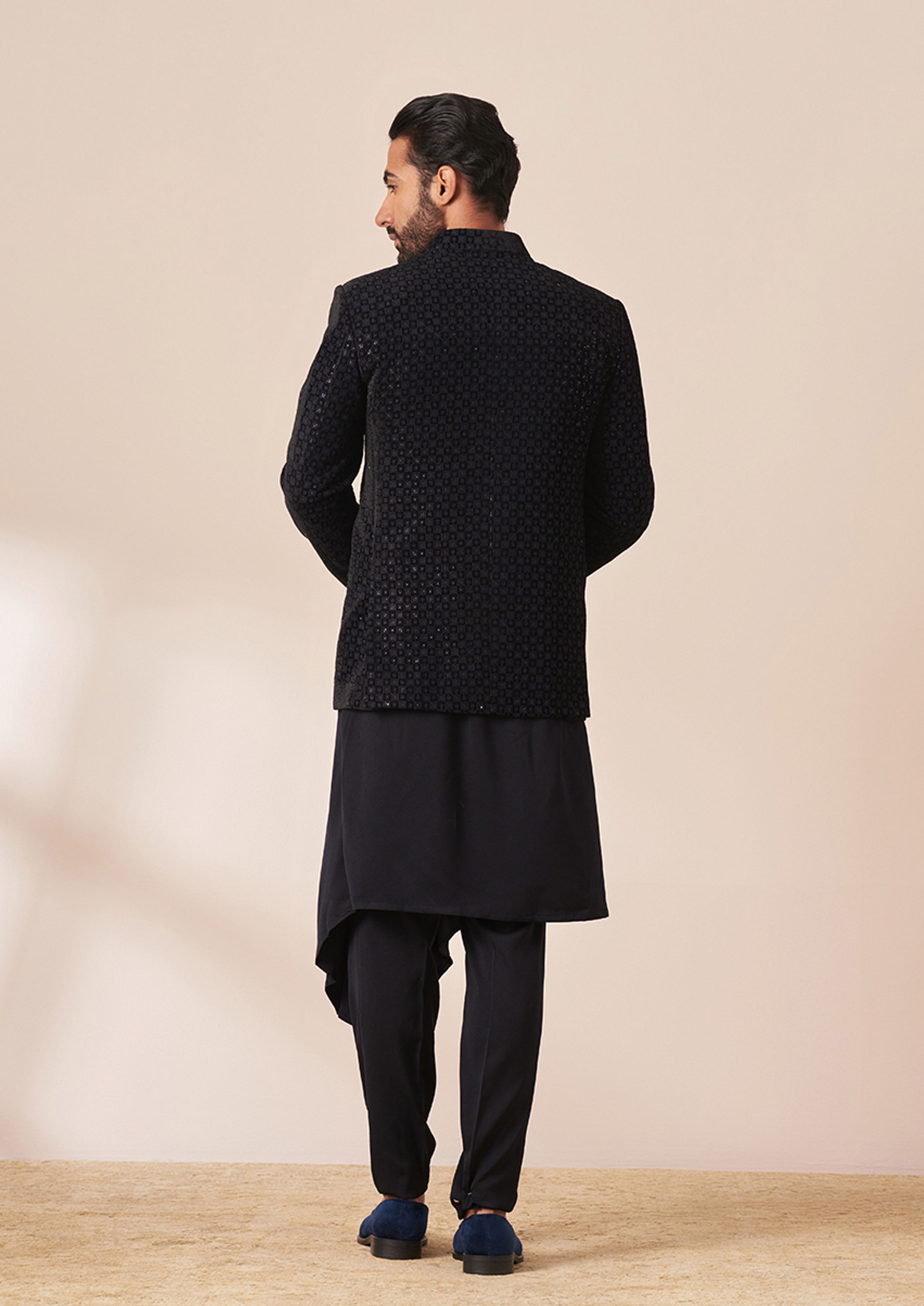 Twamev Men Navy Blue Sequins Embroidered Indo Western