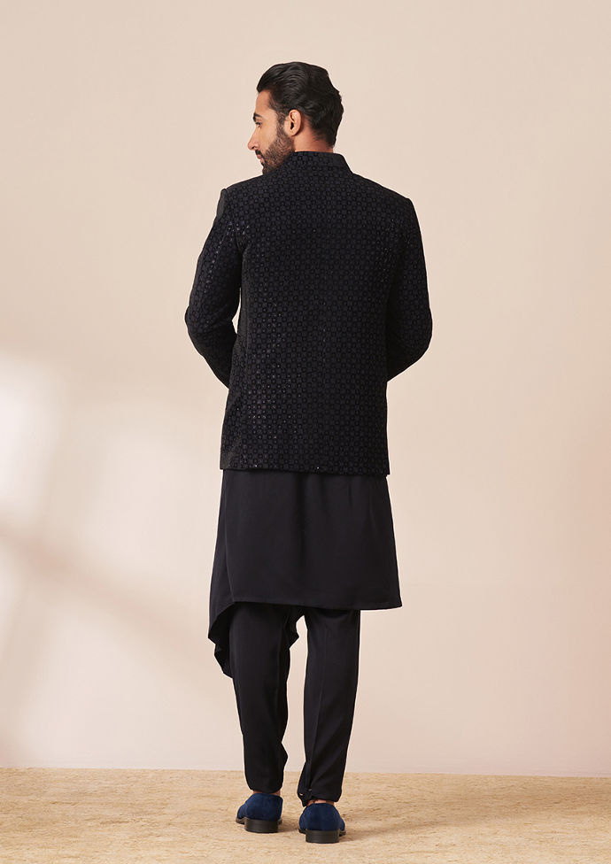 Twamev Men Navy Blue Sequins Embroidered Indo Western