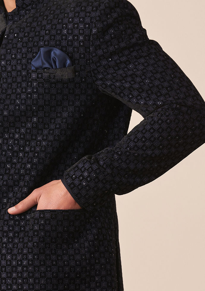 Twamev Men Navy Blue Sequins Embroidered Indo Western