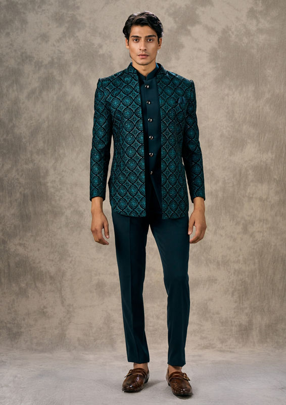 Twamev Men Turquoise Blue Extravaganza Indo Western