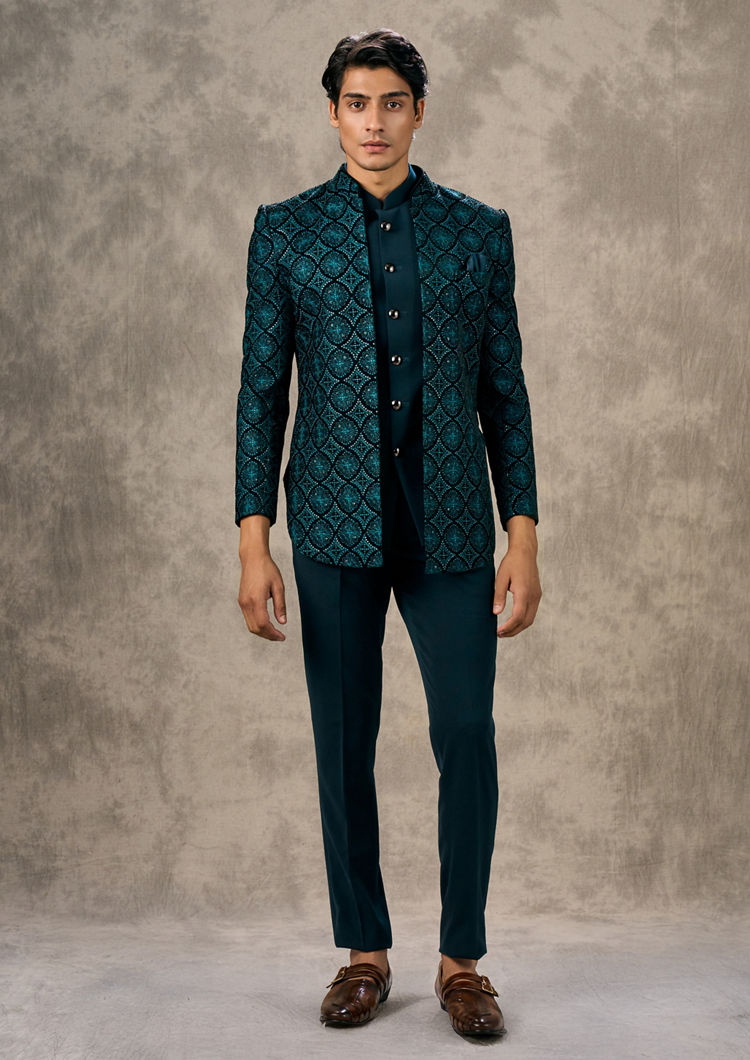 Twamev Men Turquoise Blue Extravaganza Indo Western