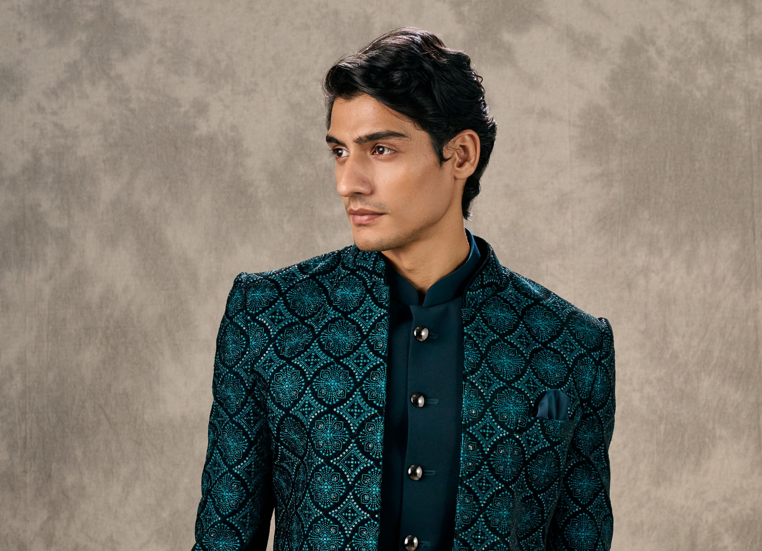 Twamev Men Turquoise Blue Extravaganza Indo Western